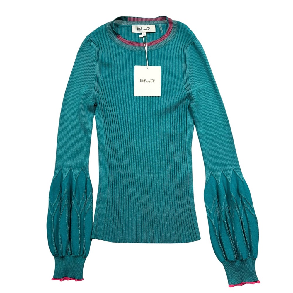 Diane von Furstenberg Wayne Sweater Women XL Ocean Blue Ribbed Puff Sleeve NEW